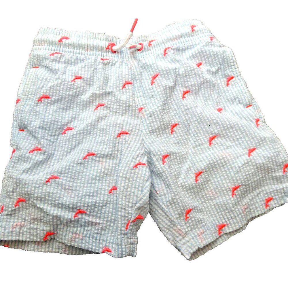 Seersucker Swim Shorts Childs 6-7 Yrs Blue White Pink Dolphins Fish Suit Bottom